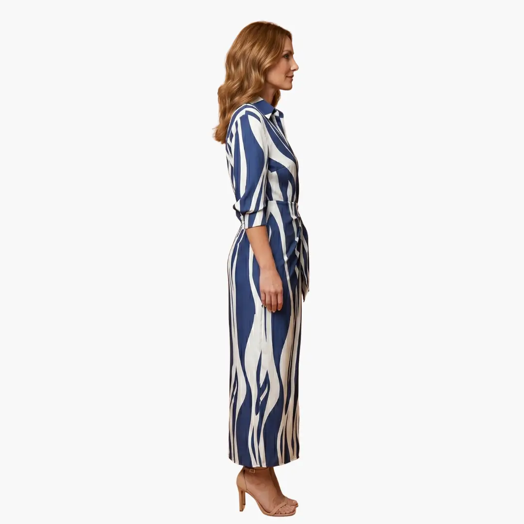Striped cotton maxi shirt dress with three-quarter sleeves, blue and white, by Wilfred Smith