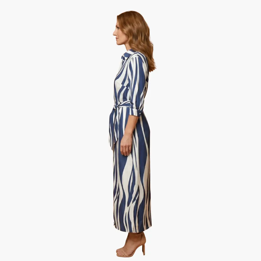 Striped cotton shirt dress by Wilfred Smith, women's blue-and-white maxi dress with a waist belt.