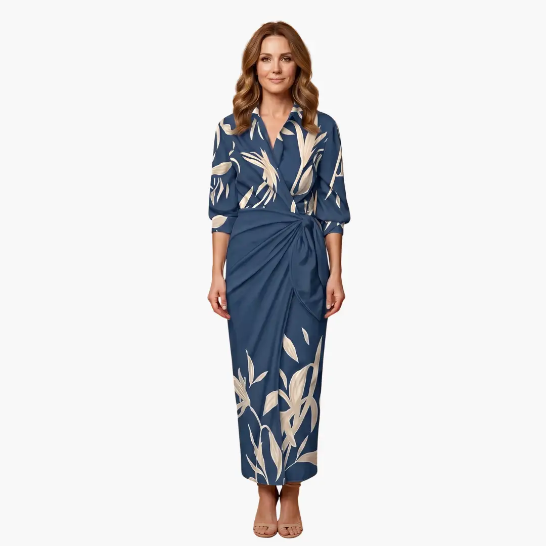 Wilfred Smith Striped Shirt Dress, cotton maxi dress in blue with beige leaf print.