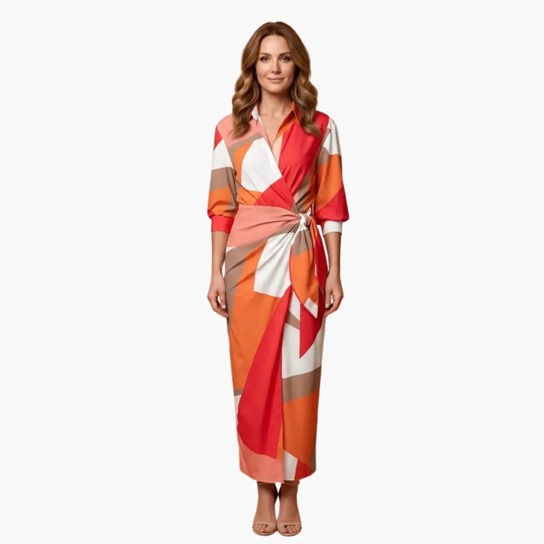 Striped wrap maxi dress by Wilfred Smith in cotton with orange, red color-block geometric print