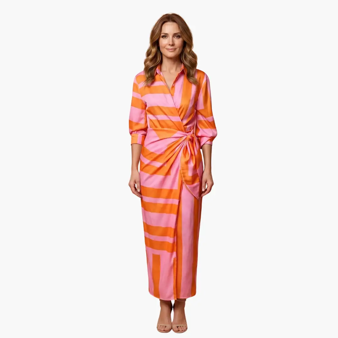 Striped cotton maxi shirt dress in pink and orange with a wrap waist