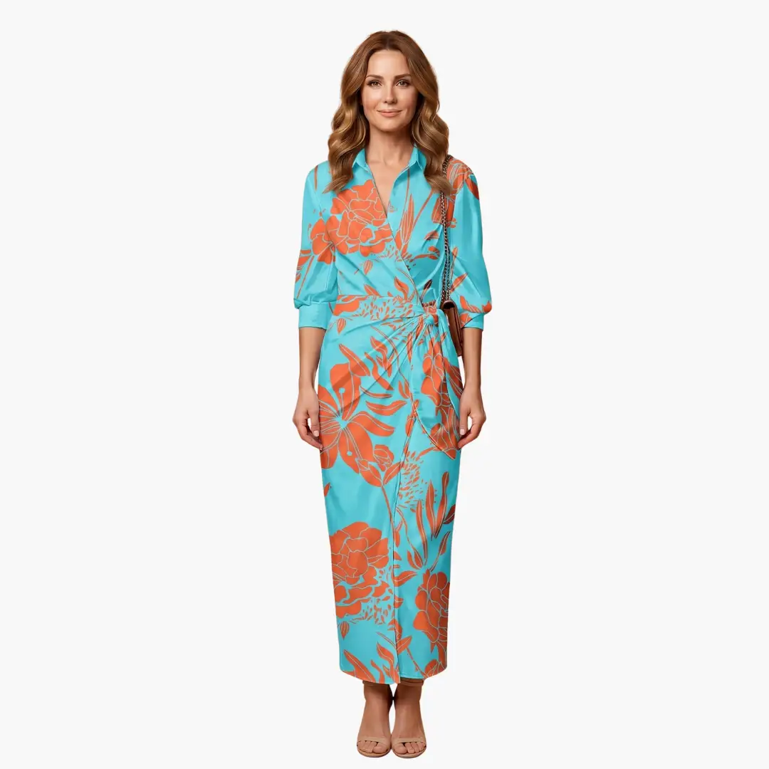 Striped Shirt Dress – Women's Maxi Dress by Wilfred Smith in cotton; turquoise with orange floral print.