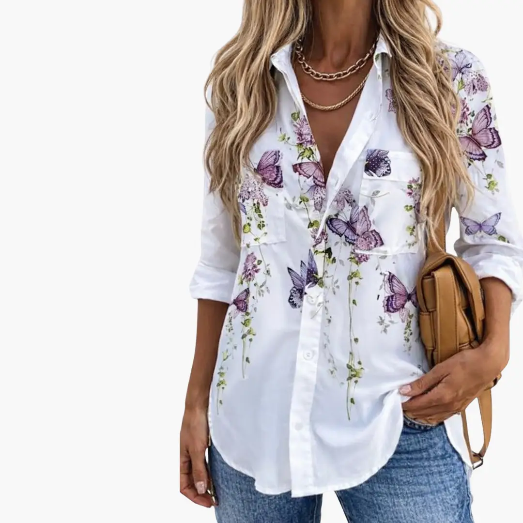 Summer butterfly-print blouse by Wilfred Smith, lightweight white shirt with purple butterflies and floral vines.