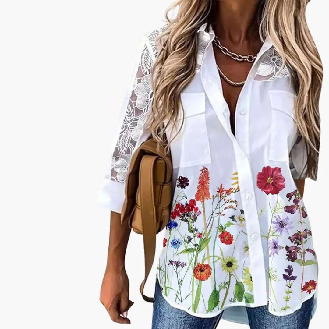 White floral blouse for women with lace sleeves and front button placket