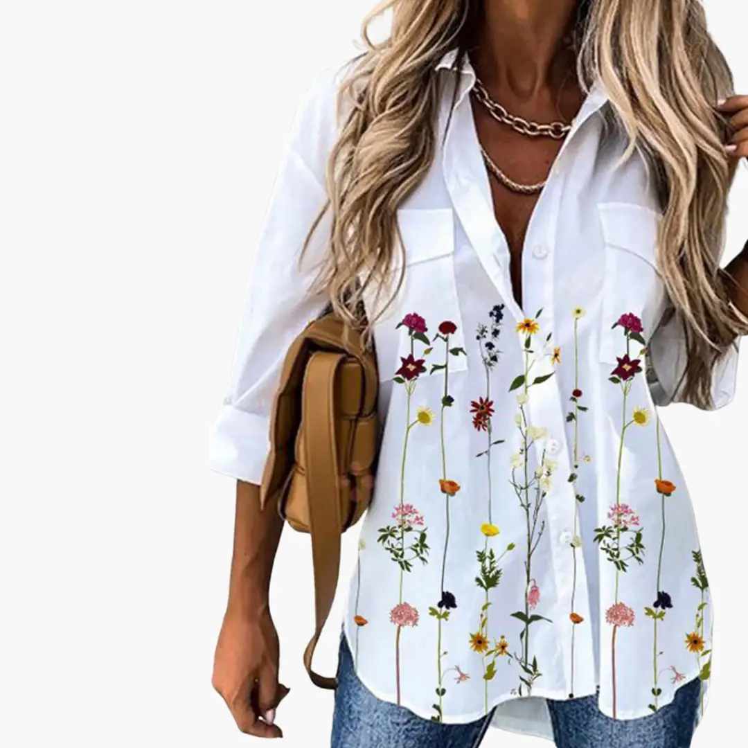 Summer top for women white blouse with colorful floral stem print