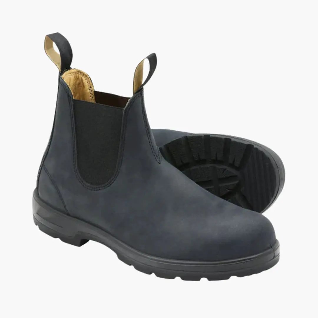 Pair of Wilfred Smith unisex Chelsea boots, navy blue leather slip-on with elastic side panels and pull tabs