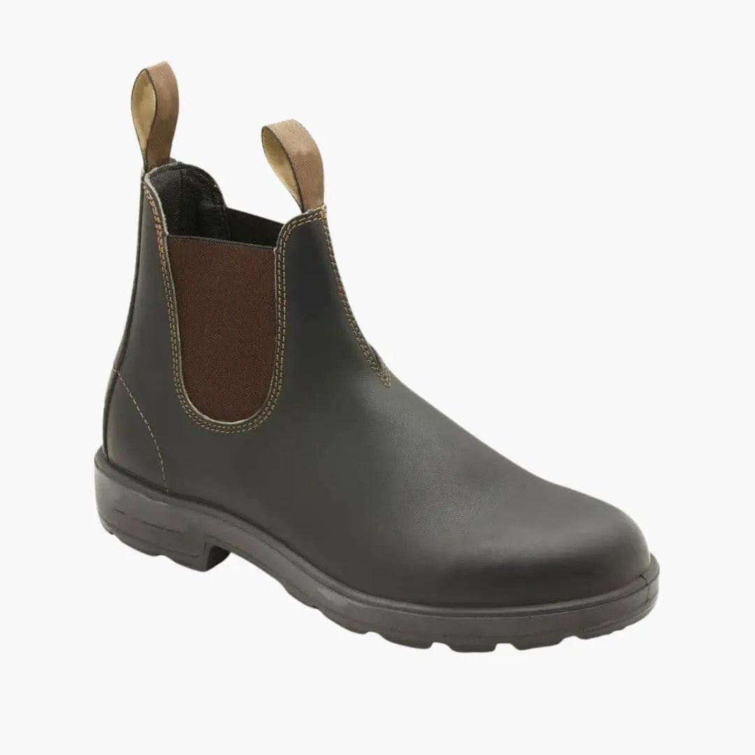 Unisex black leather Chelsea boots with slip-on entry and rugged sole