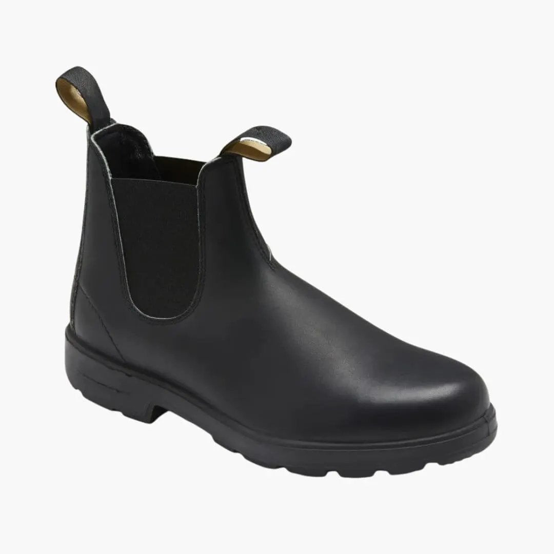 Unisex black leather Chelsea boots with elastic sides and pull tabs, slip-on design.