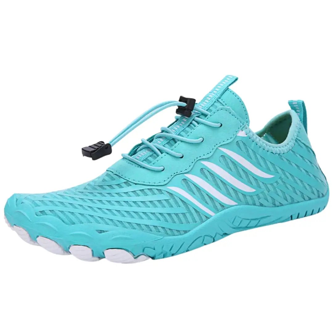 Men's orthopedic sneakers with barefoot design, turquoise upper, white stripes, lace toggle, and a flexible sole