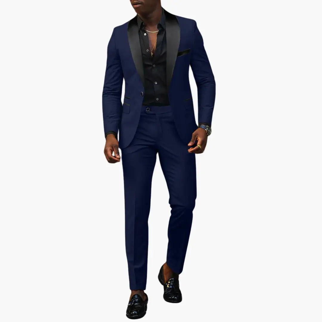 Elegant Men's Wedding Suit by Wilfred Smith - navy two-piece with black satin lapel.