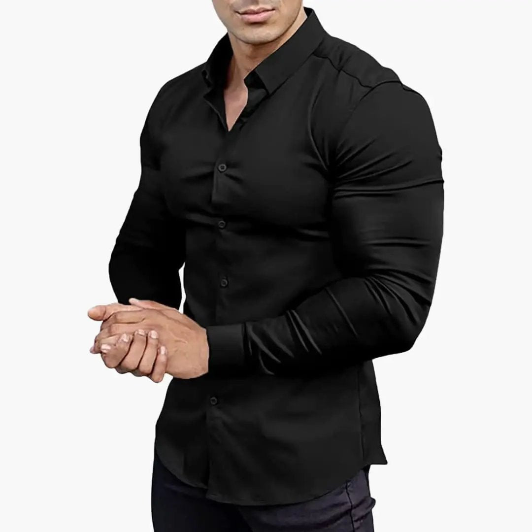 Slim-fit shirt for men, black, long-sleeve with button-front