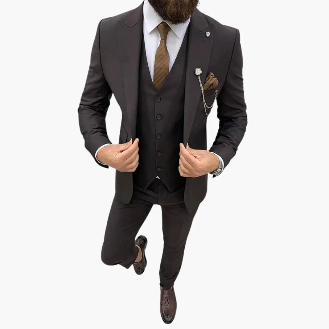 Men's three-piece suit with notch lapel and vest in black, slim-fit by Wilfred Smith