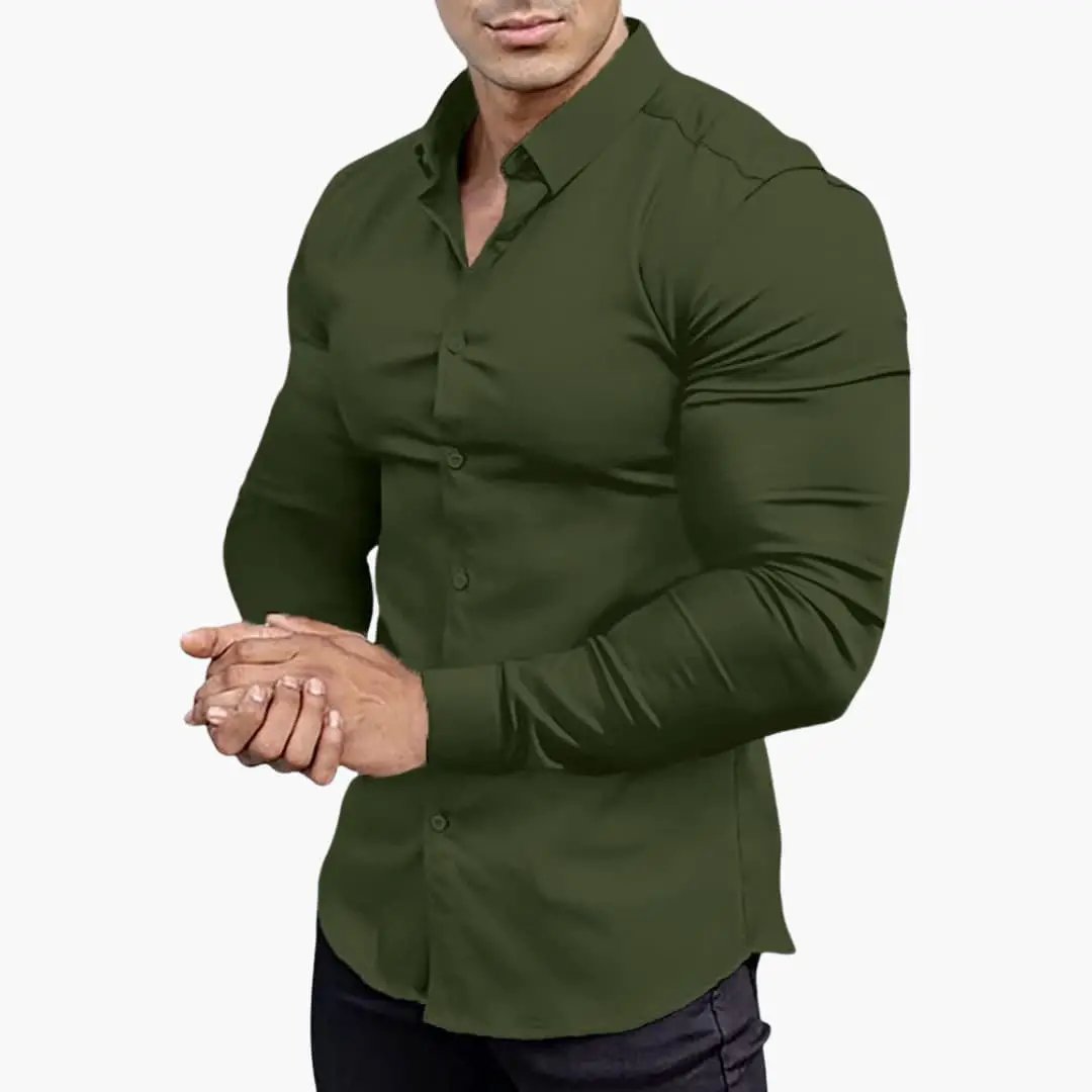 Slim-Fit Men's Shirt by Wilfred Smith in olive green, long-sleeve, button-front