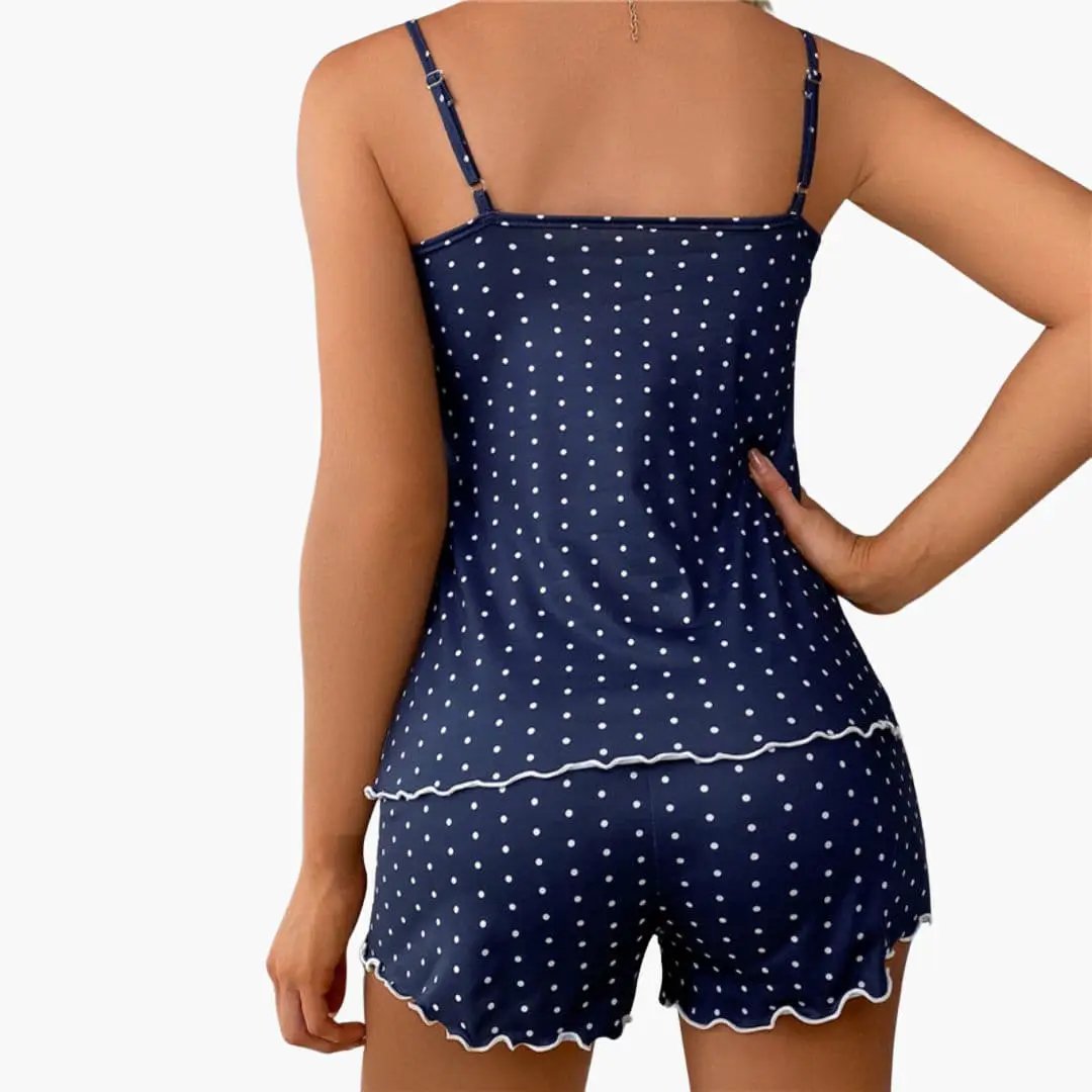 Women's navy polka-dot pajama set with sleeveless top and scalloped-edge printed shorts by Wilfred Smith