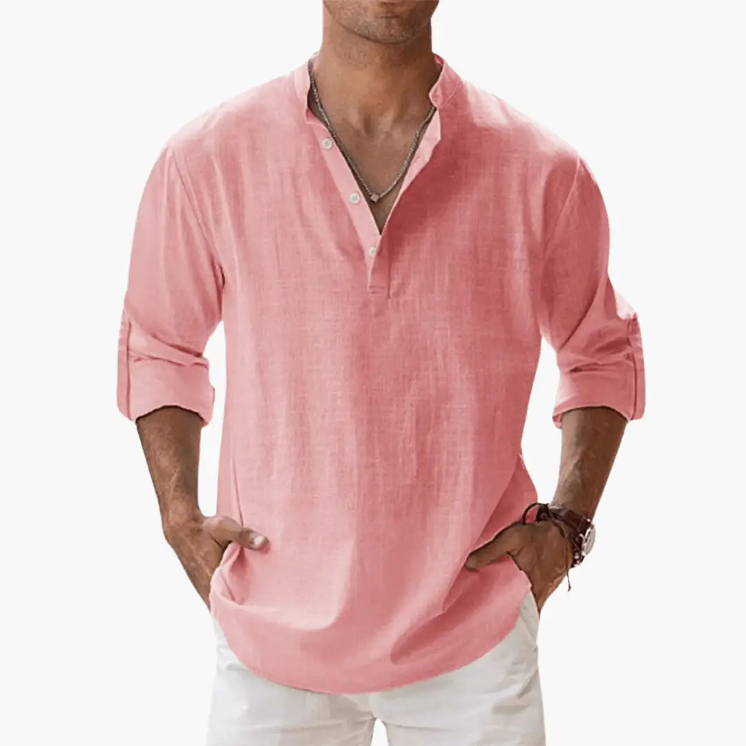 Breathable casual shirt for men in pink by Wilfred Smith with rolled sleeves