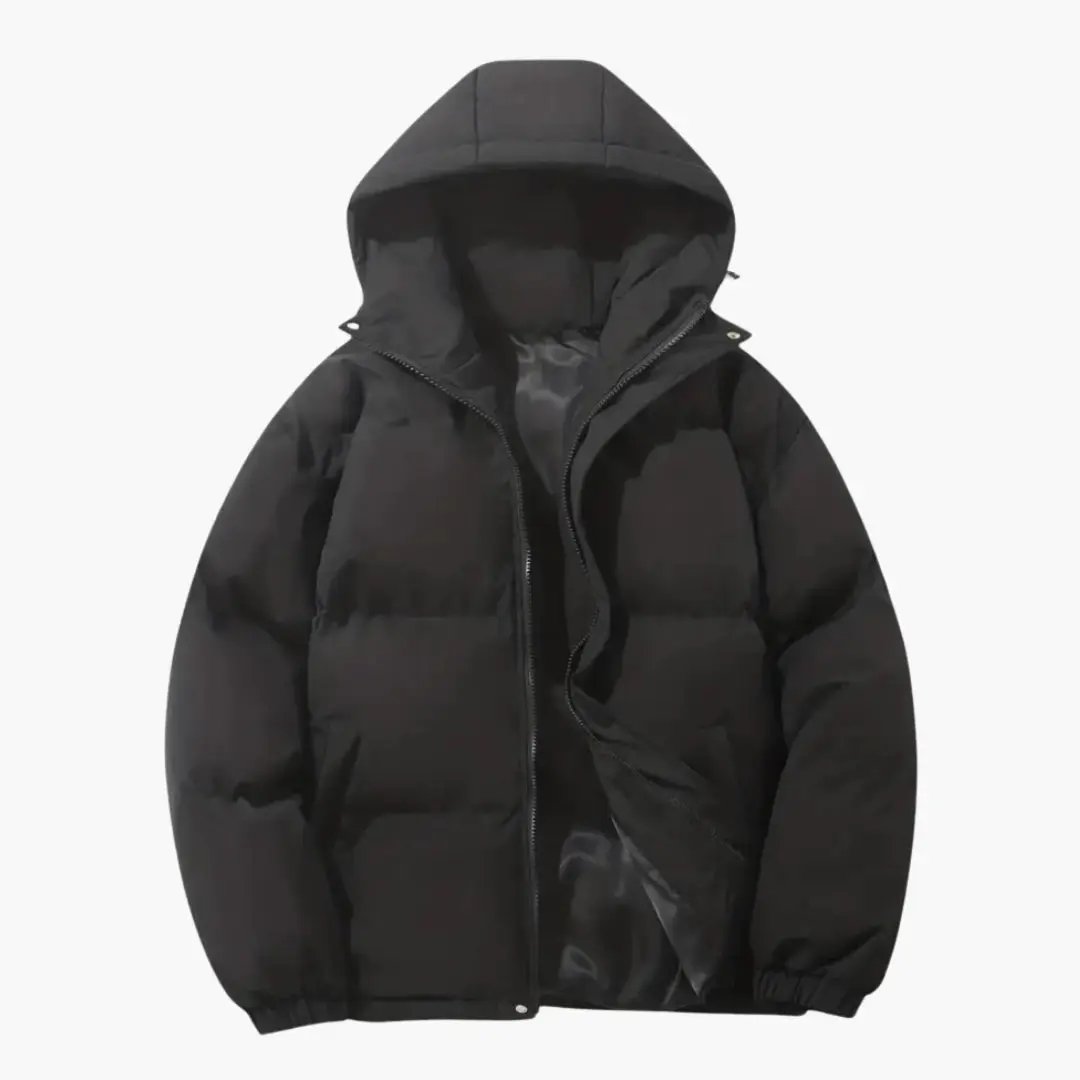 Men’s hooded puffer jacket by Wilfred Smith, black with full zip and side welt pockets