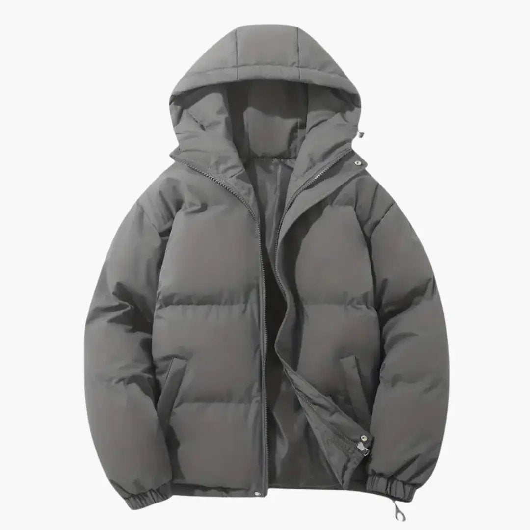 Men's hooded puffer jacket by Wilfred Smith, gray with zip front and side welt pockets