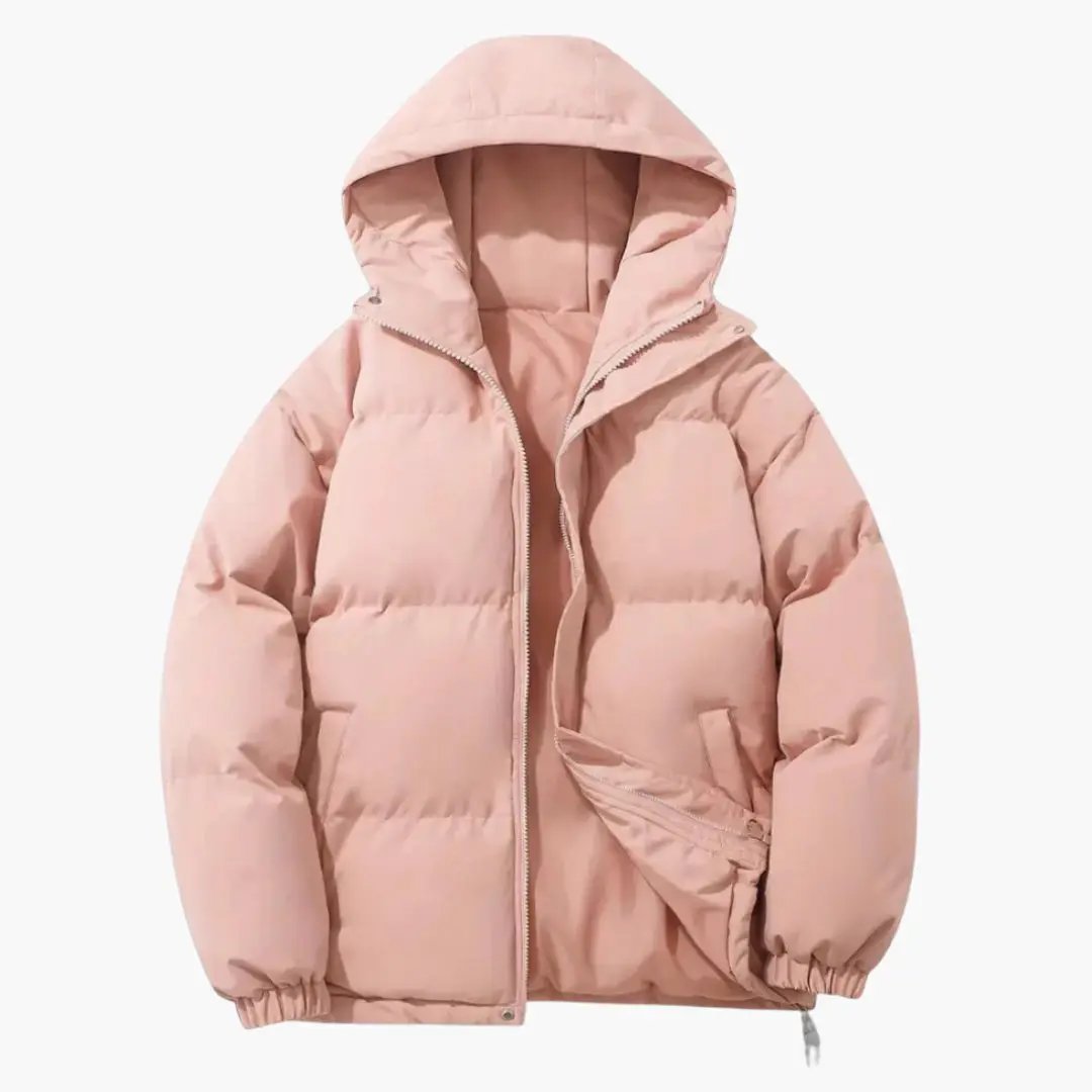 Men’s hooded puffer jacket in pale pink with full-zip front and side welt pockets