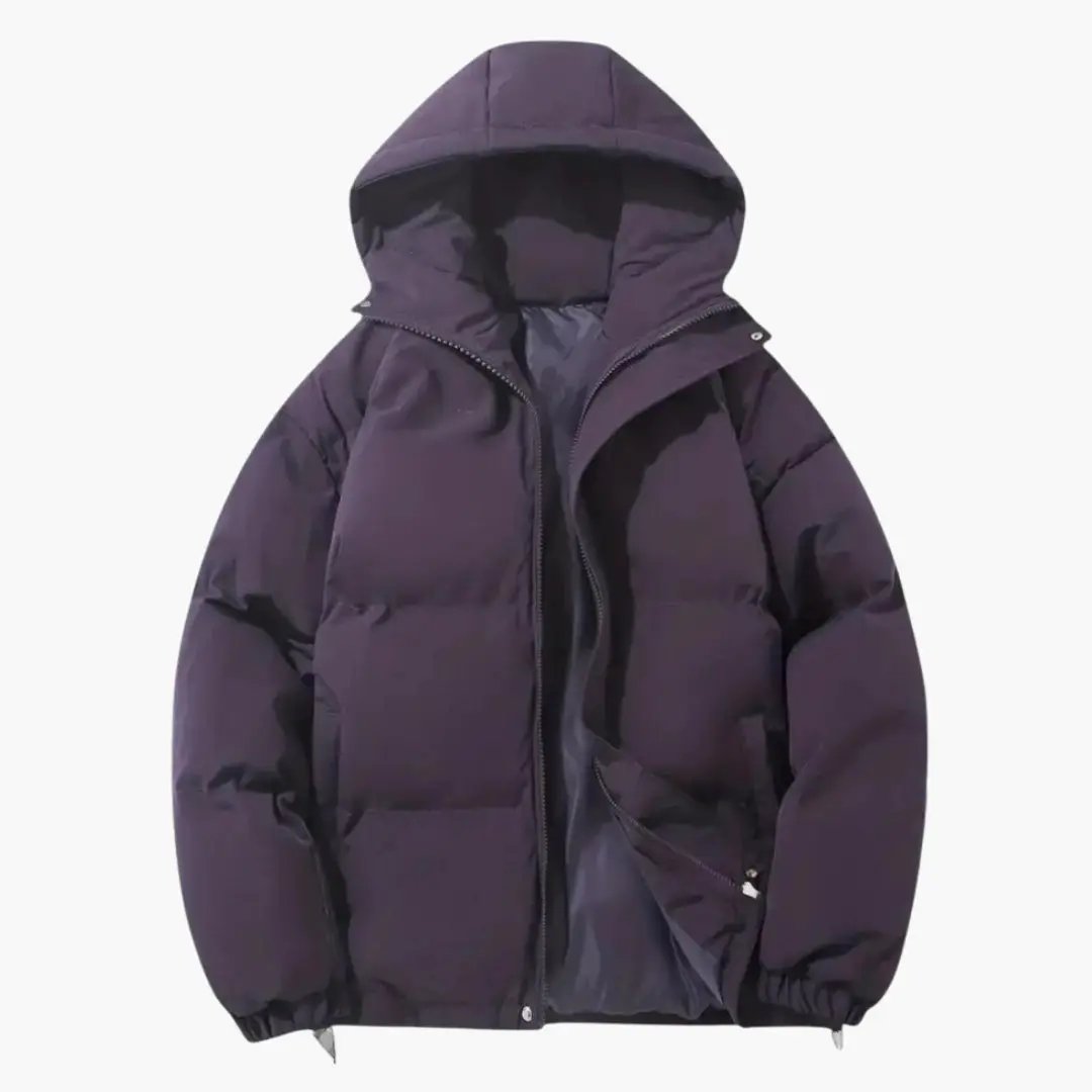 Men's hooded puffer jacket by Wilfred Smith in purple with full-zip front and side welt pockets