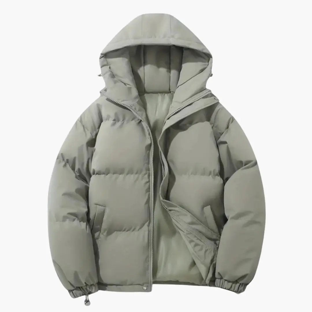 Men’s hooded puffer jacket with full zip in light gray; side welt pockets