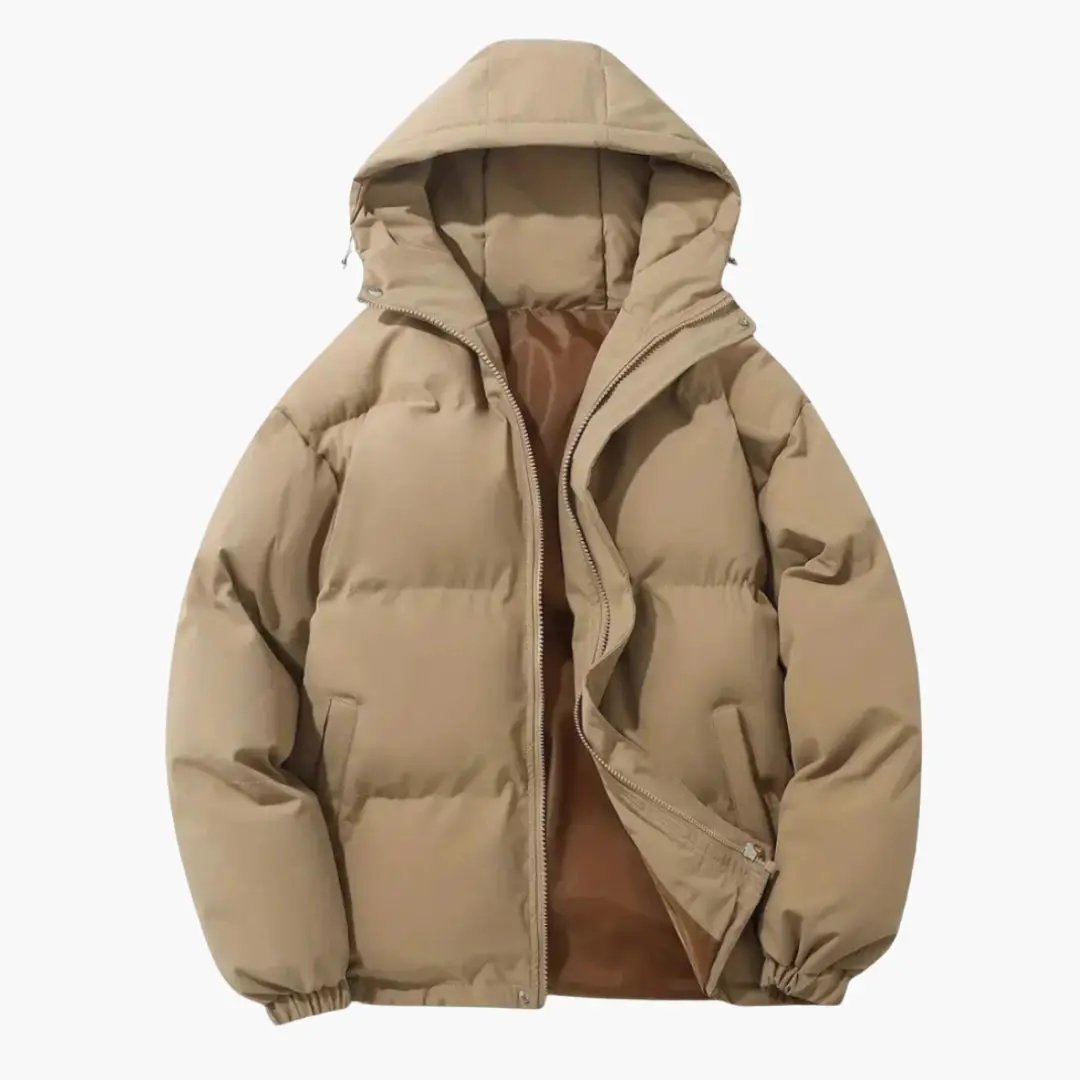 Men's hooded jacket, beige puffer with full zip and side welt pockets, Wilfred Smith