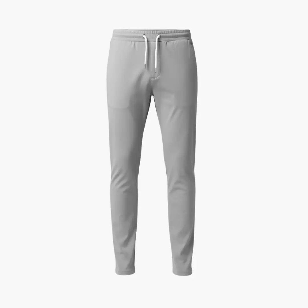 Men's stretch trousers with slim legs in light gray, white drawstring waistband