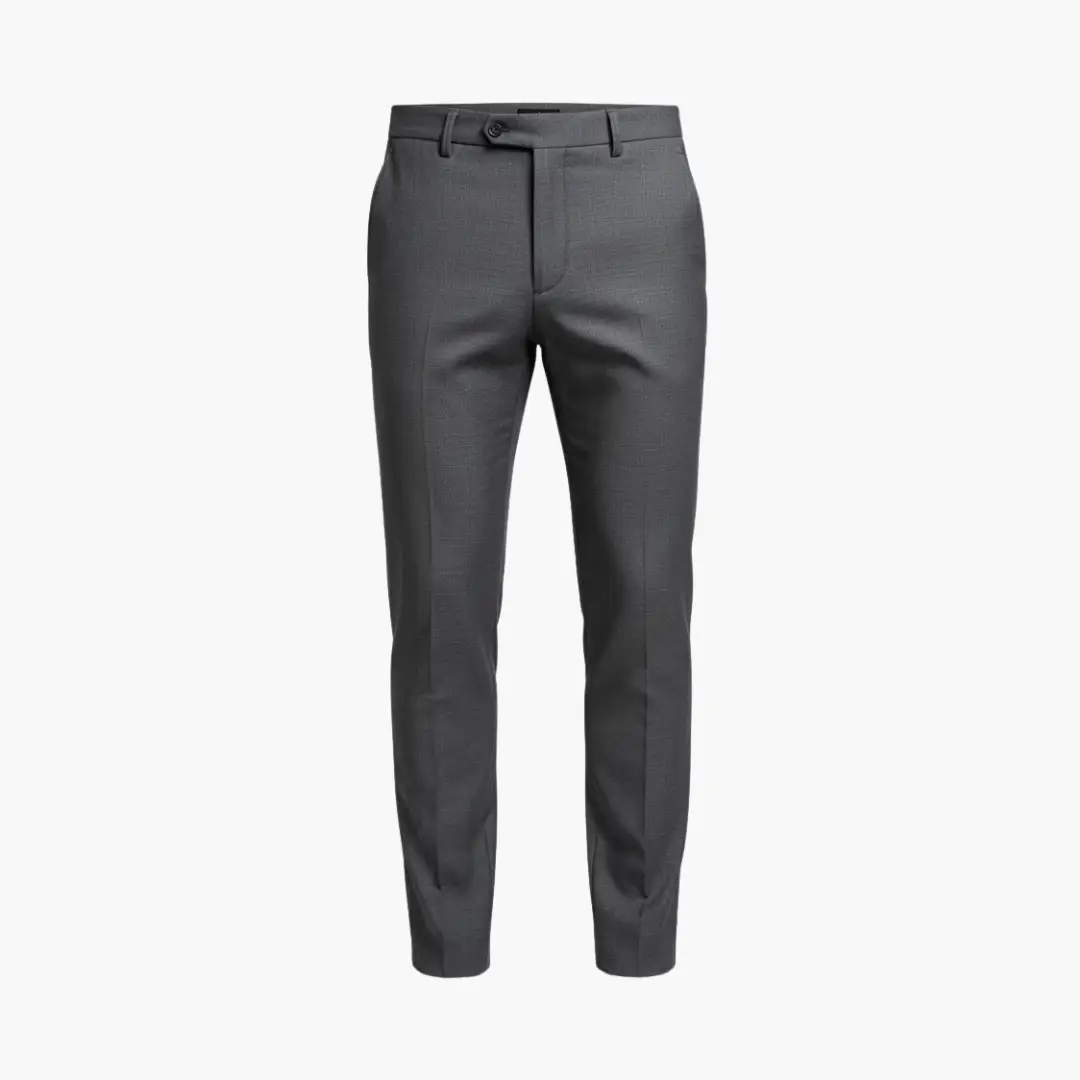 Men’s Business Pants by Wilfred Smith with defined fit and waistband, charcoal gray trousers.