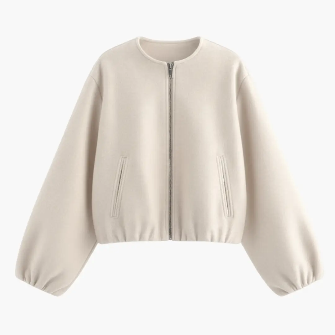 Women’s jacket in cream with round-neck, zip-front closure, puff sleeves and vertical pockets