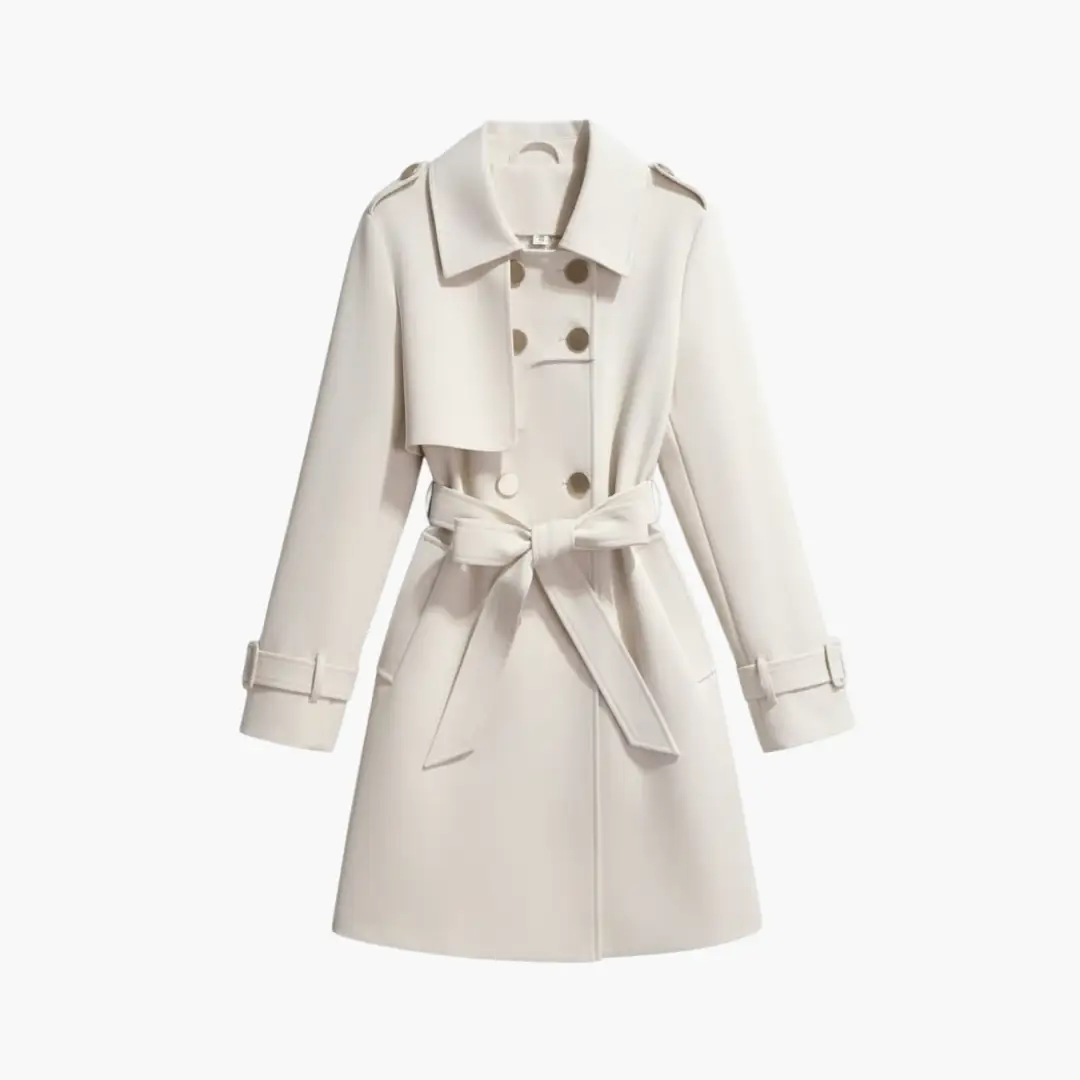 Women's white trench coat with belt, double-breasted buttons