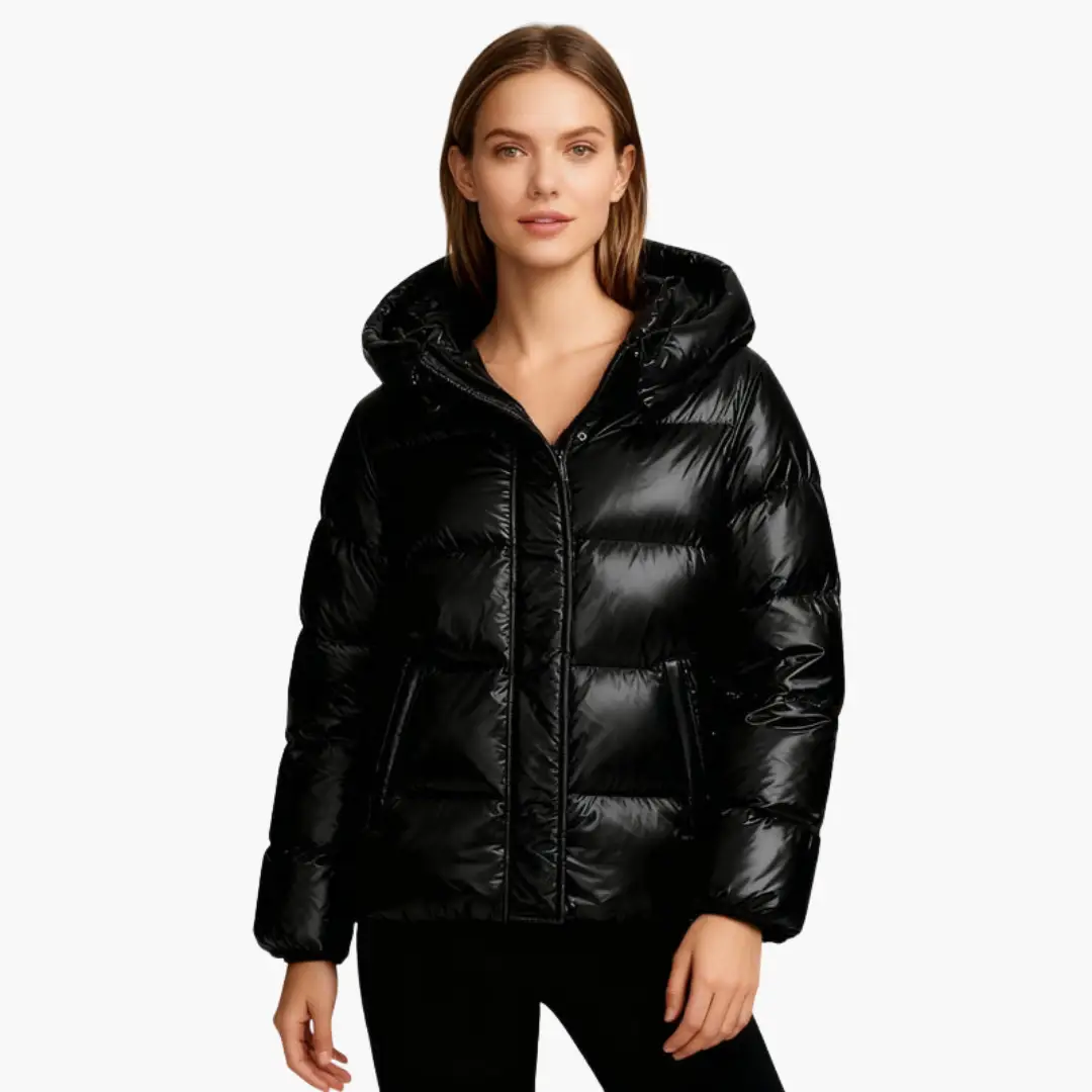 Women Quilted Jacket with Hood and Zipper, black glossy puffer