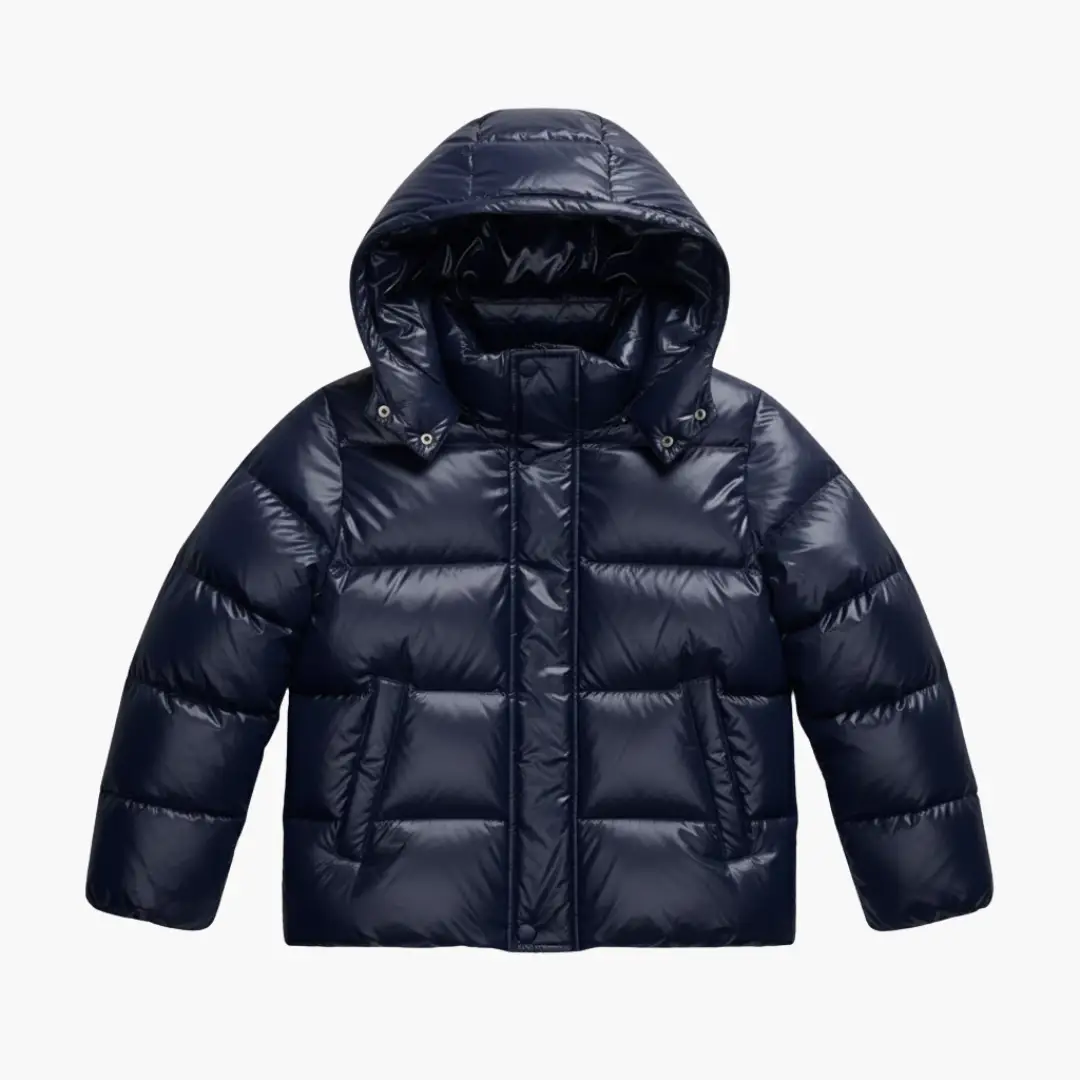 Women’s quilted puffer jacket with hood and zipper, navy blue, Wilfred Smith