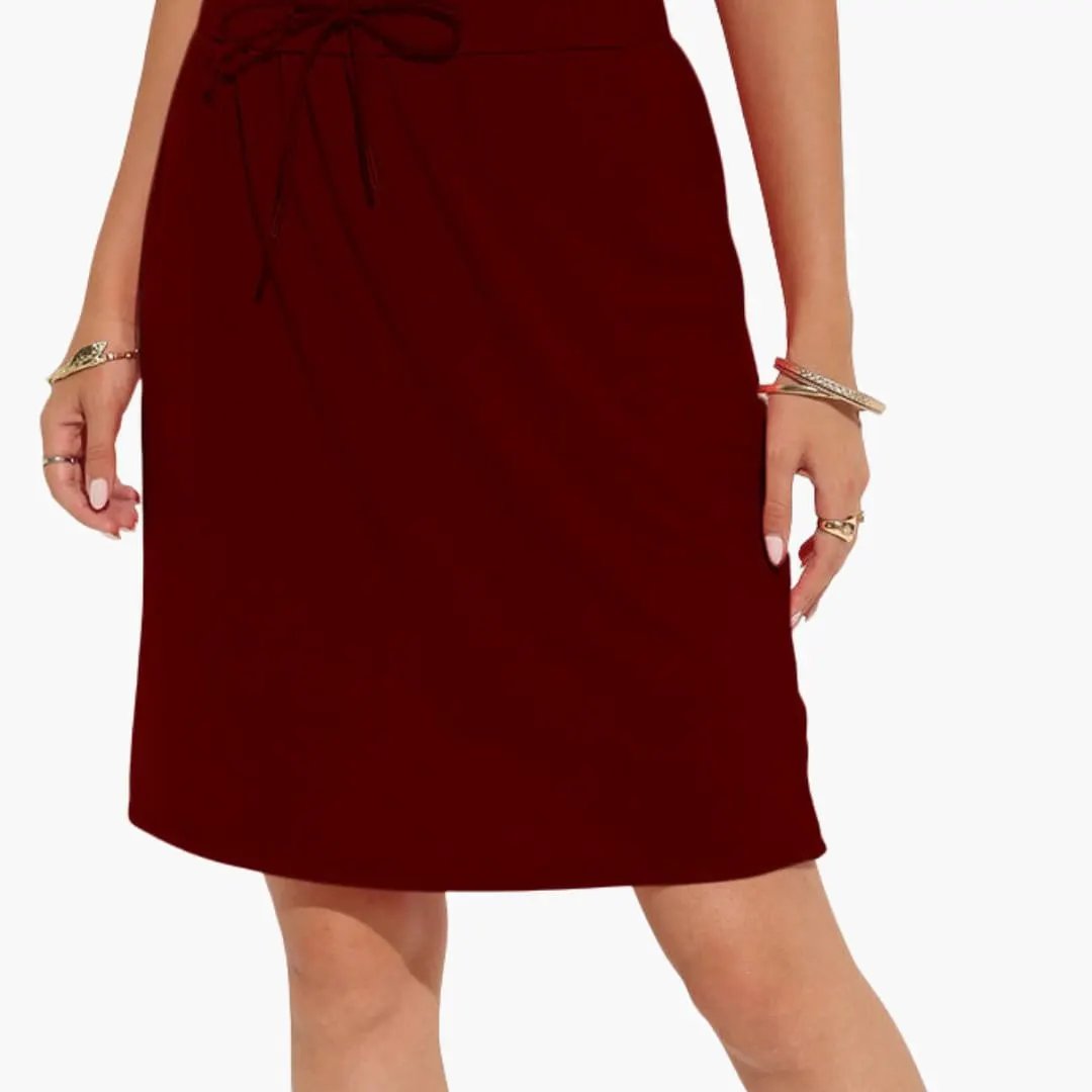Women's burgundy A-Line knee-length skirt with lace-up waist and panel seams