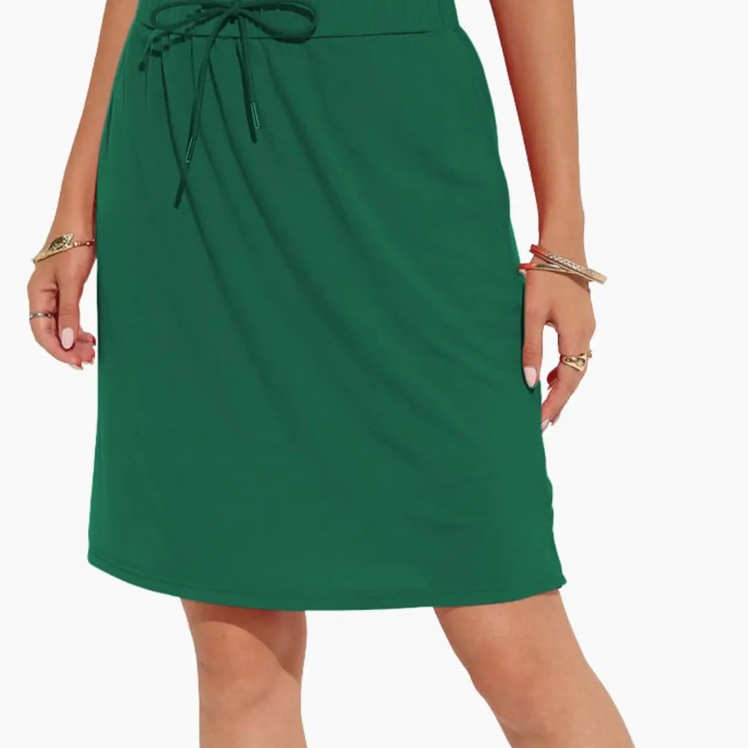 Women's A-line green skirt with lace-up waist and panel seams