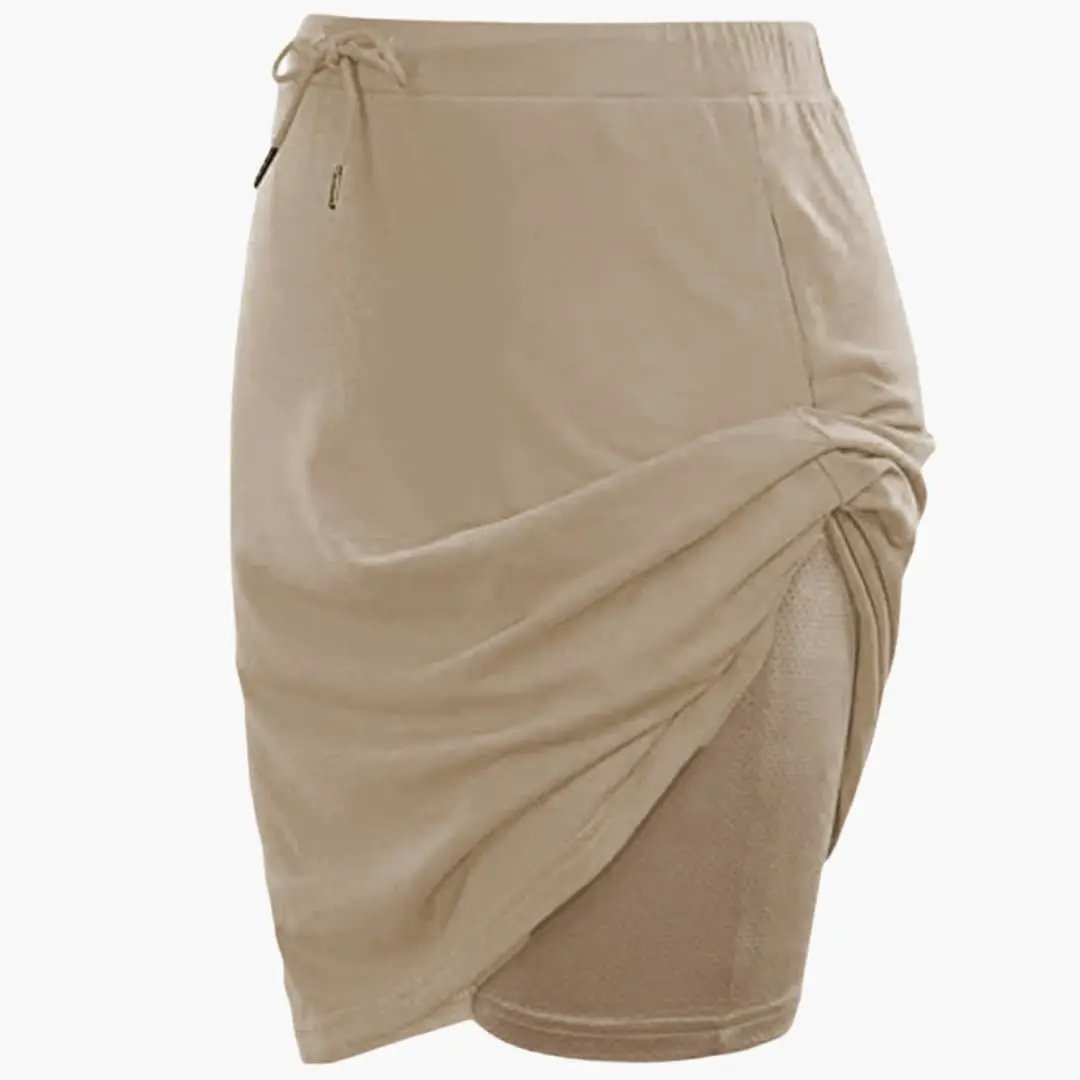 Women's beige A-line skirt with lace-up waist and panel seam detail