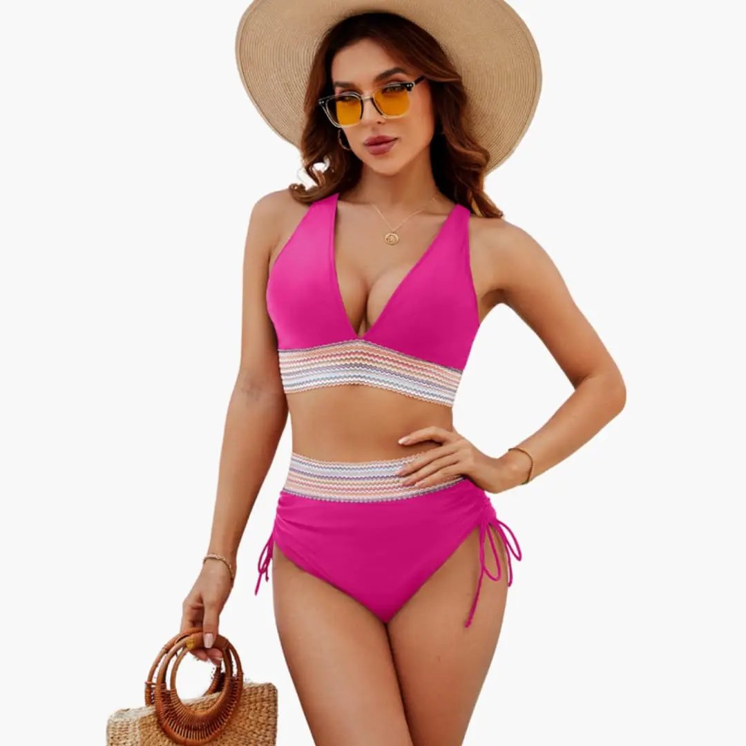 Women’s adjustable two-piece bikini set in hot pink with striped crochet bands and tie-side bottoms, Wilfred Smith