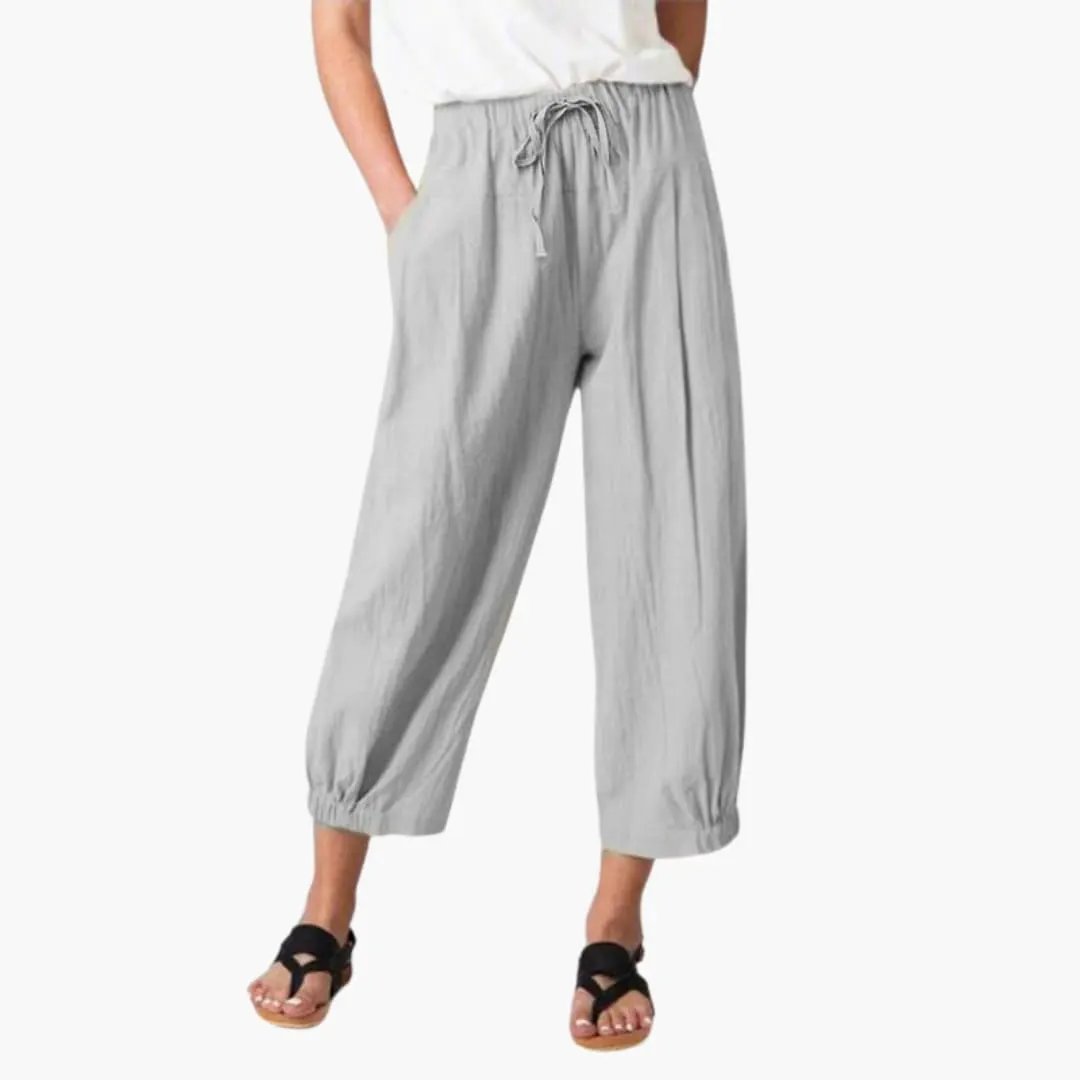 Women's ankle-length pants with elastic waist and drawstring in light gray cropped trousers