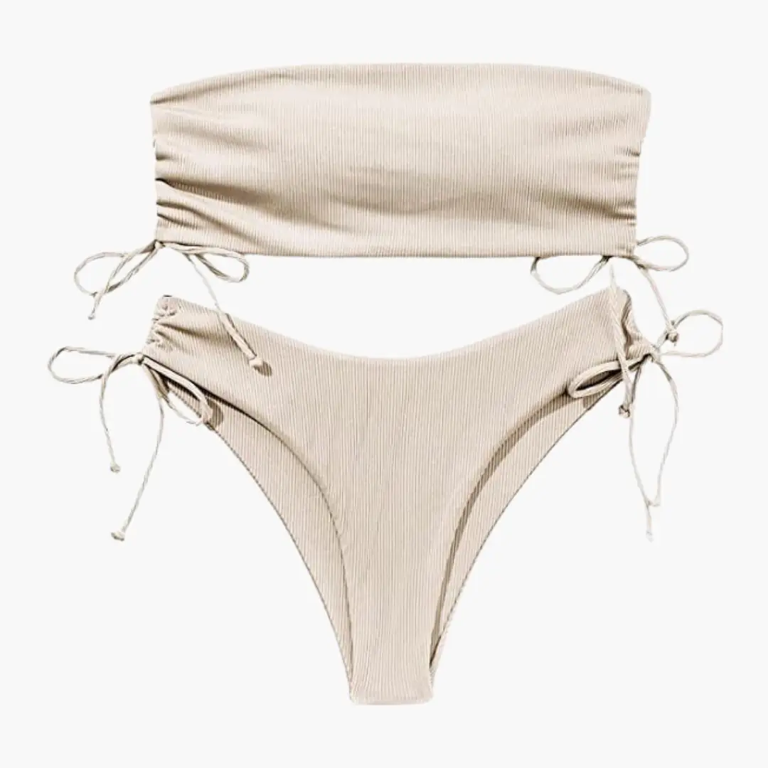 Women’s Bandeau High-Waisted Bikini Set by Wilfred Smith in beige ribbed fabric with side-tie bottoms.