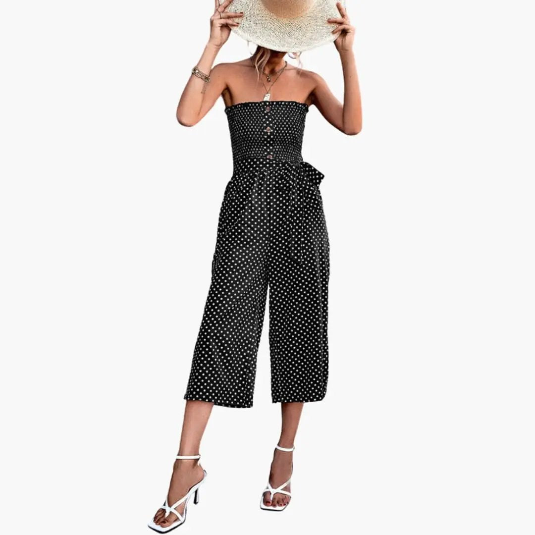 Women's Bandeau Jumpsuit with Pockets by Wilfred Smith, black with white polka dots, cropped wide-leg.