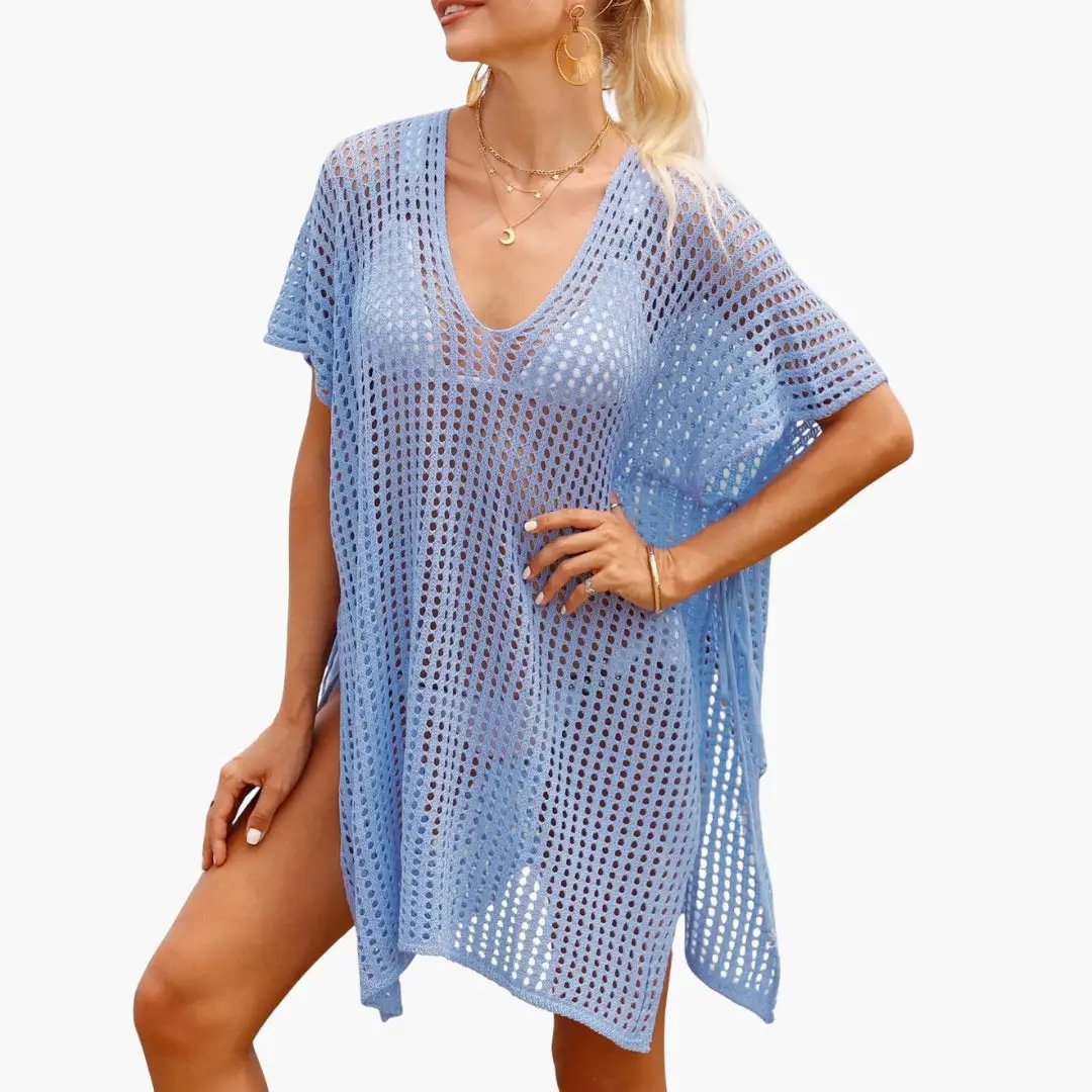 Women's blue crochet-knit beach blouse with V-neck, loose fit