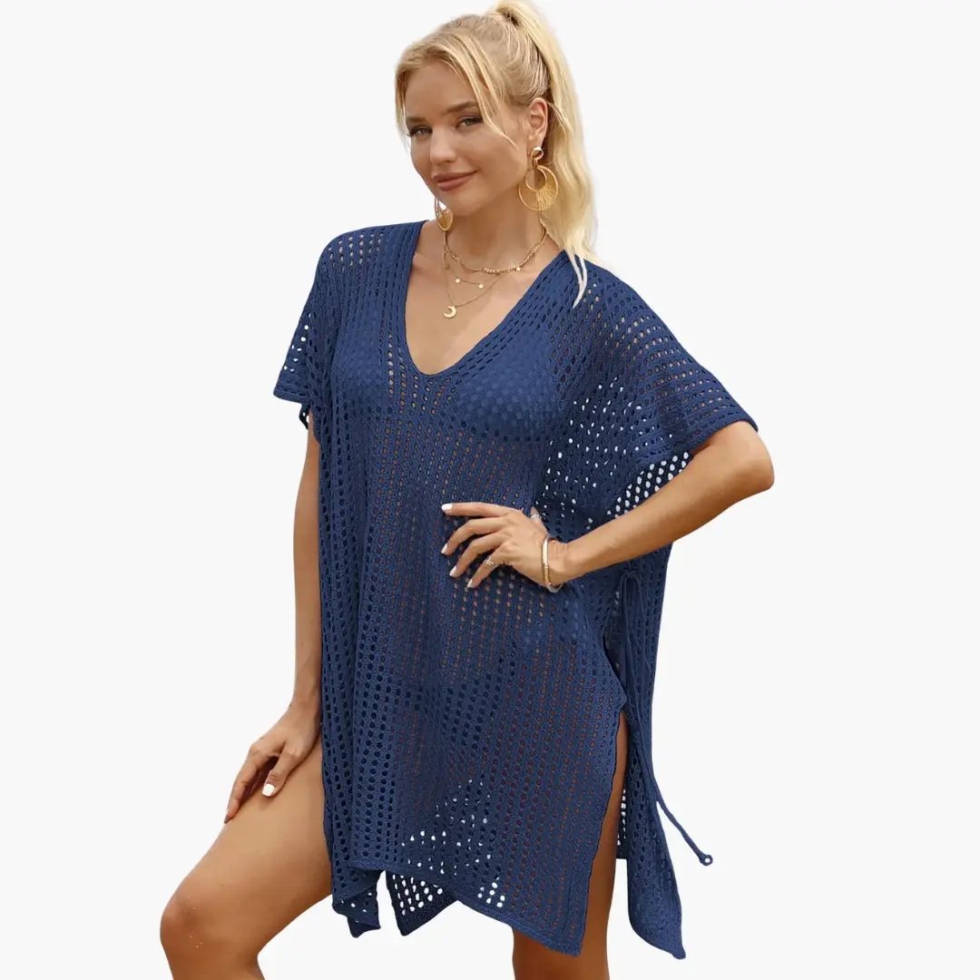 Womens navy blue crochet beach blouse with V-neck and loose short sleeves