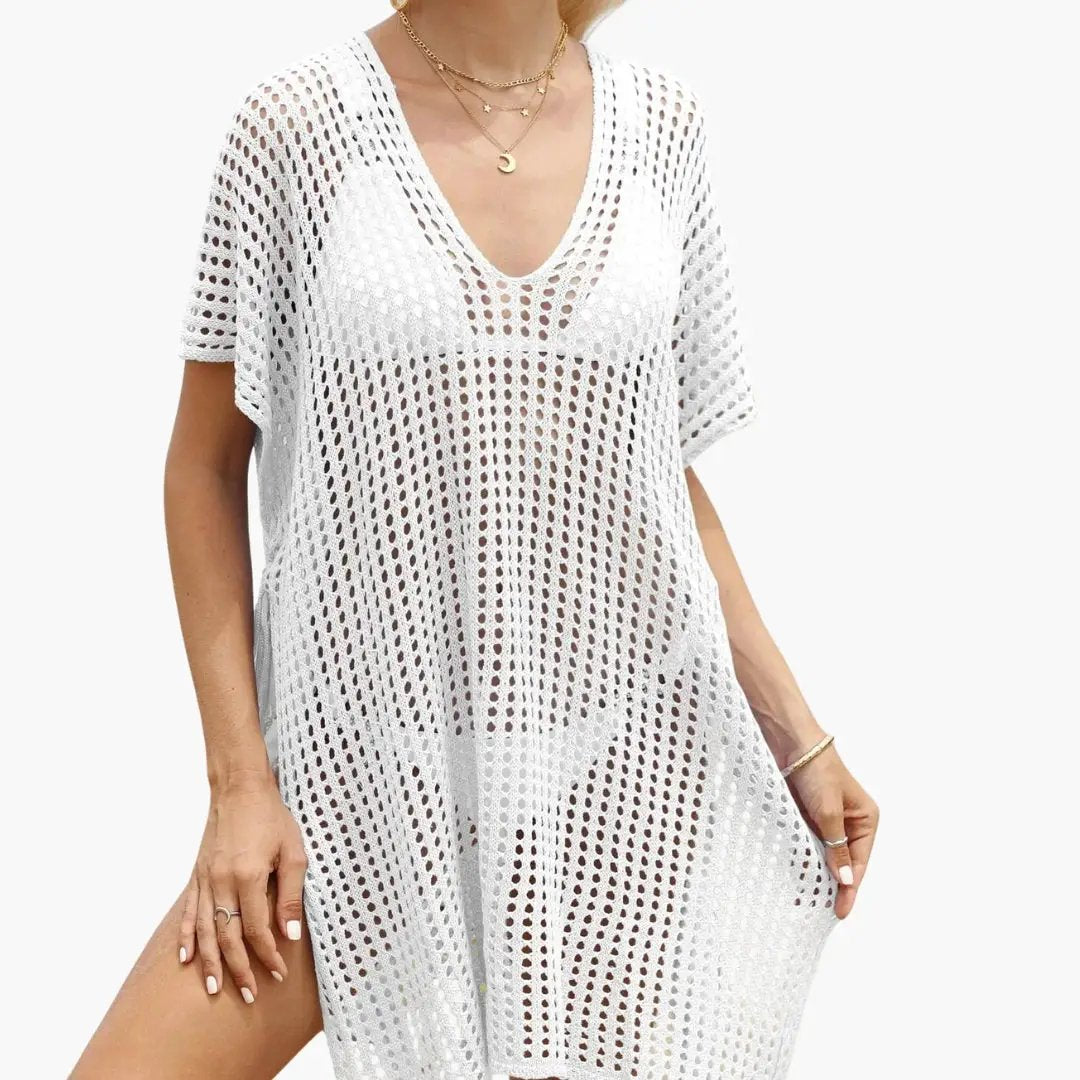 Women’s white crochet mesh beach blouse with V-neck and short sleeves