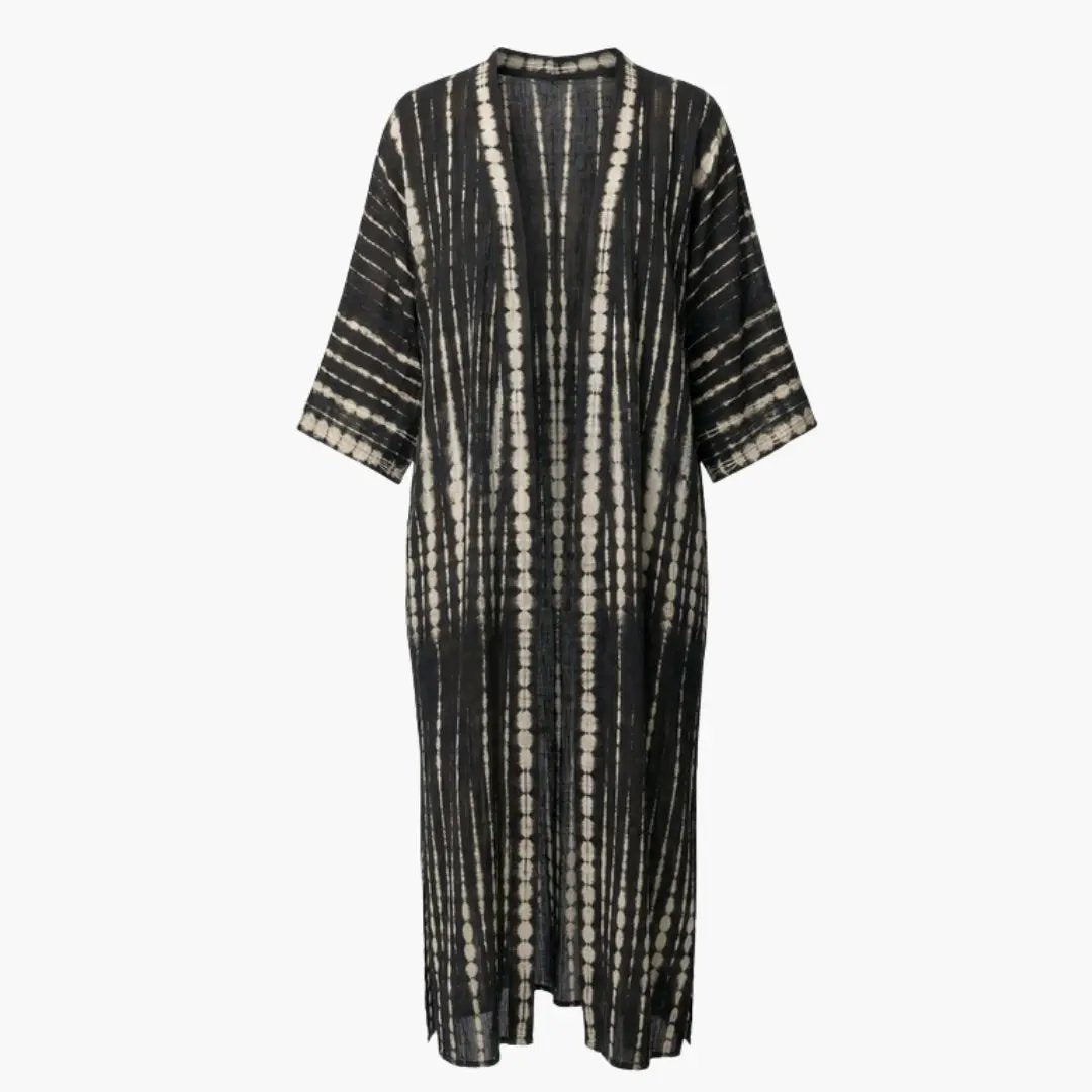 Women's beach cover-up by Wilfred Smith, long black and beige striped with V-neck and sleeves