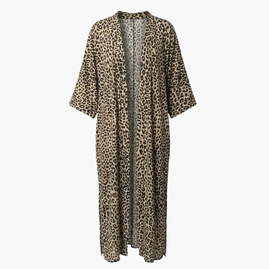 Women’s Beach Cover Up with V Neck and Sleeves, leopard-print, long kimono-style.
