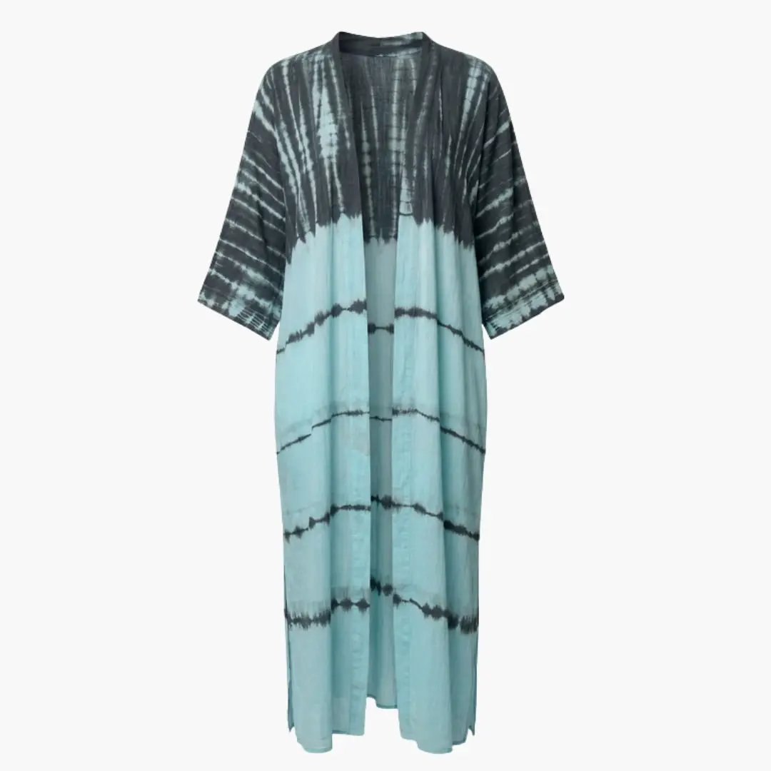 Women’s tie-dye beach cover-up with V-neck, loose sleeves, gradient from dark to turquoise