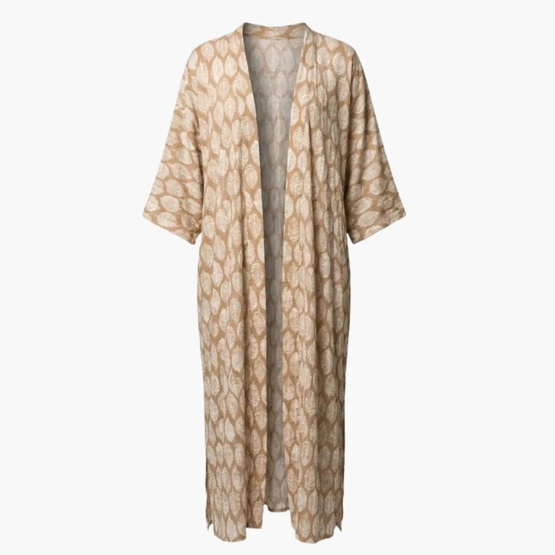 Women’s Beach Cover Up with V Neck and Sleeves, beige leaf-pattern, long kimono-style.