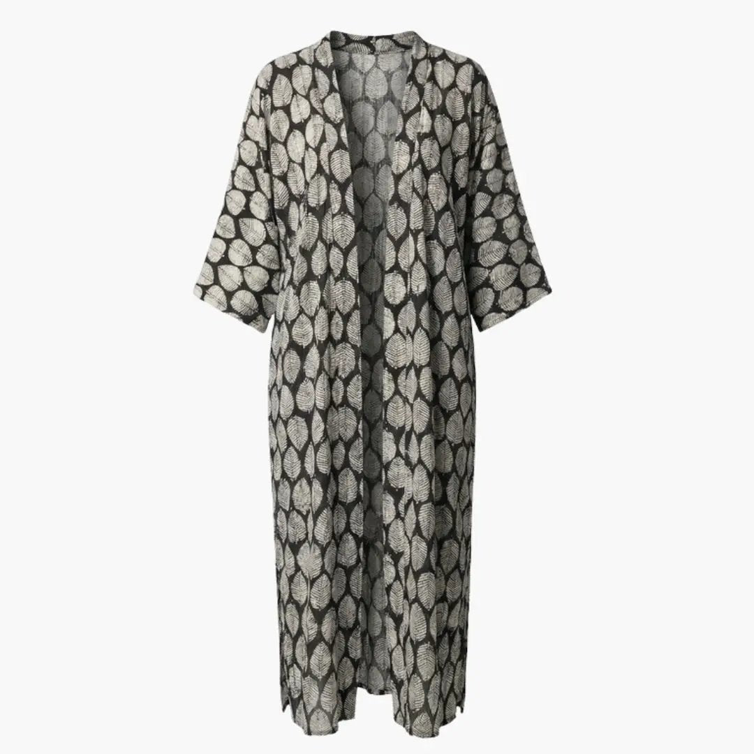 Women’s beach cover-up by Wilfred Smith, gray leaf-patterned long kimono with V-neck and wide sleeves