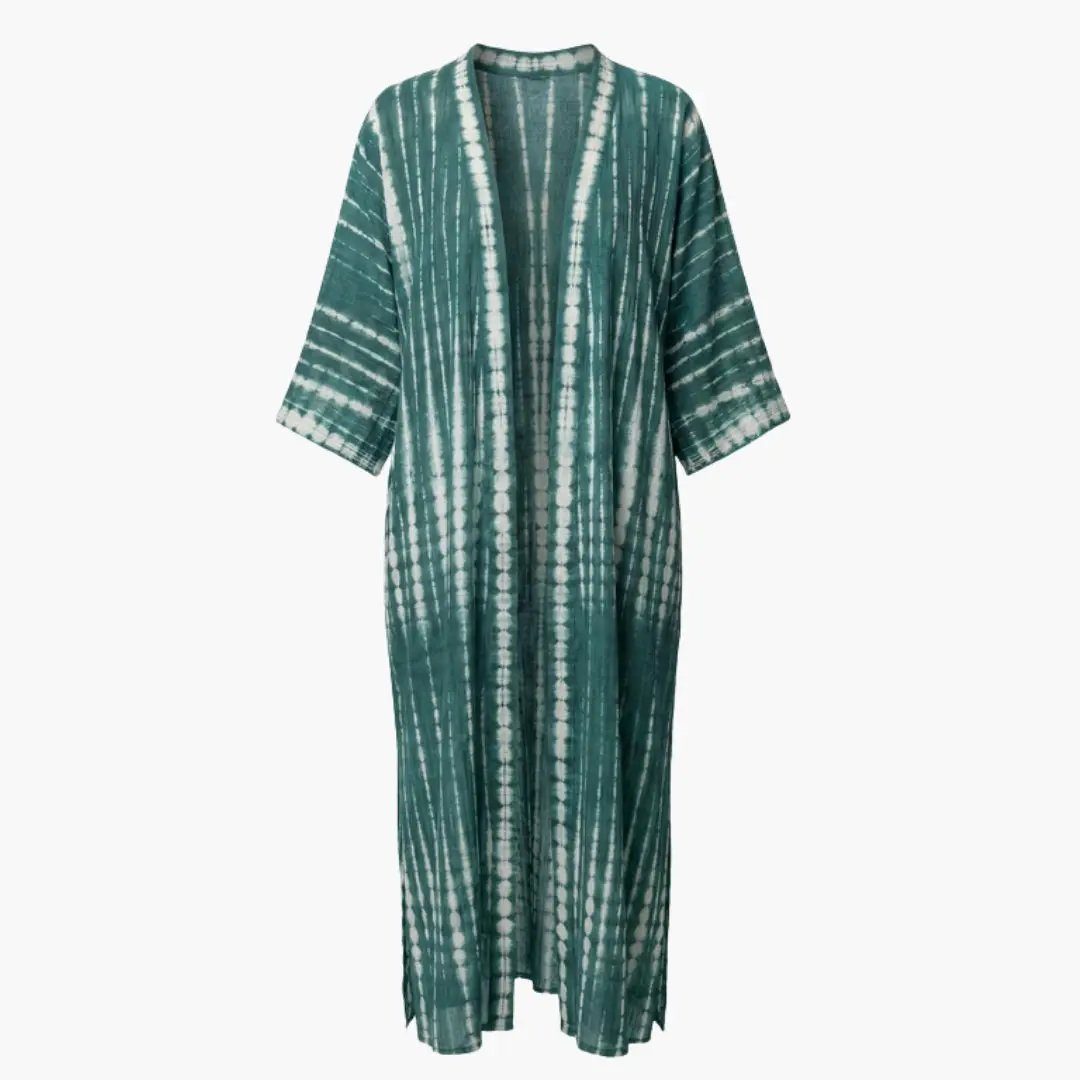 Women’s beach cover-up in teal tie-dye with V-neck, long open-front and loose sleeves