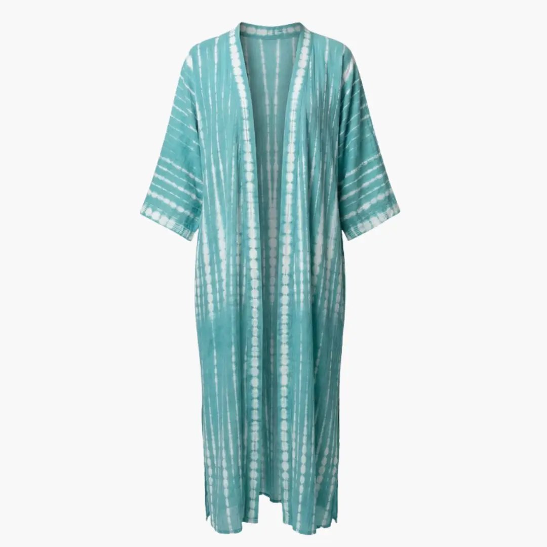 Women's beach cover up by Wilfred Smith, turquoise tie-dye, V-neck, elbow-length sleeves, full-length open-front robe