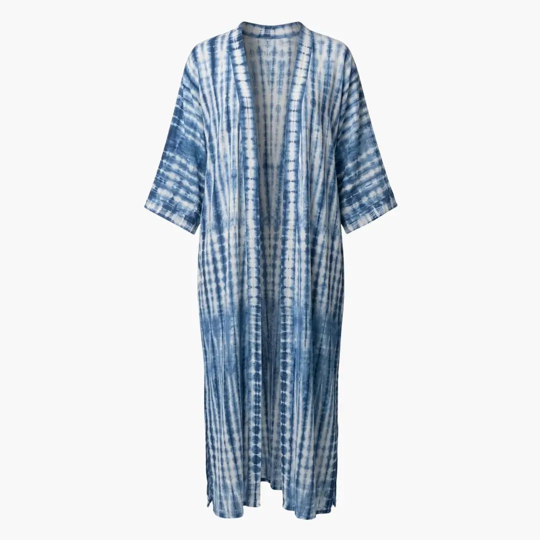 Women’s beach cover-up in blue tie-dye, long kimono-style with V-neck and 3/4 sleeves
