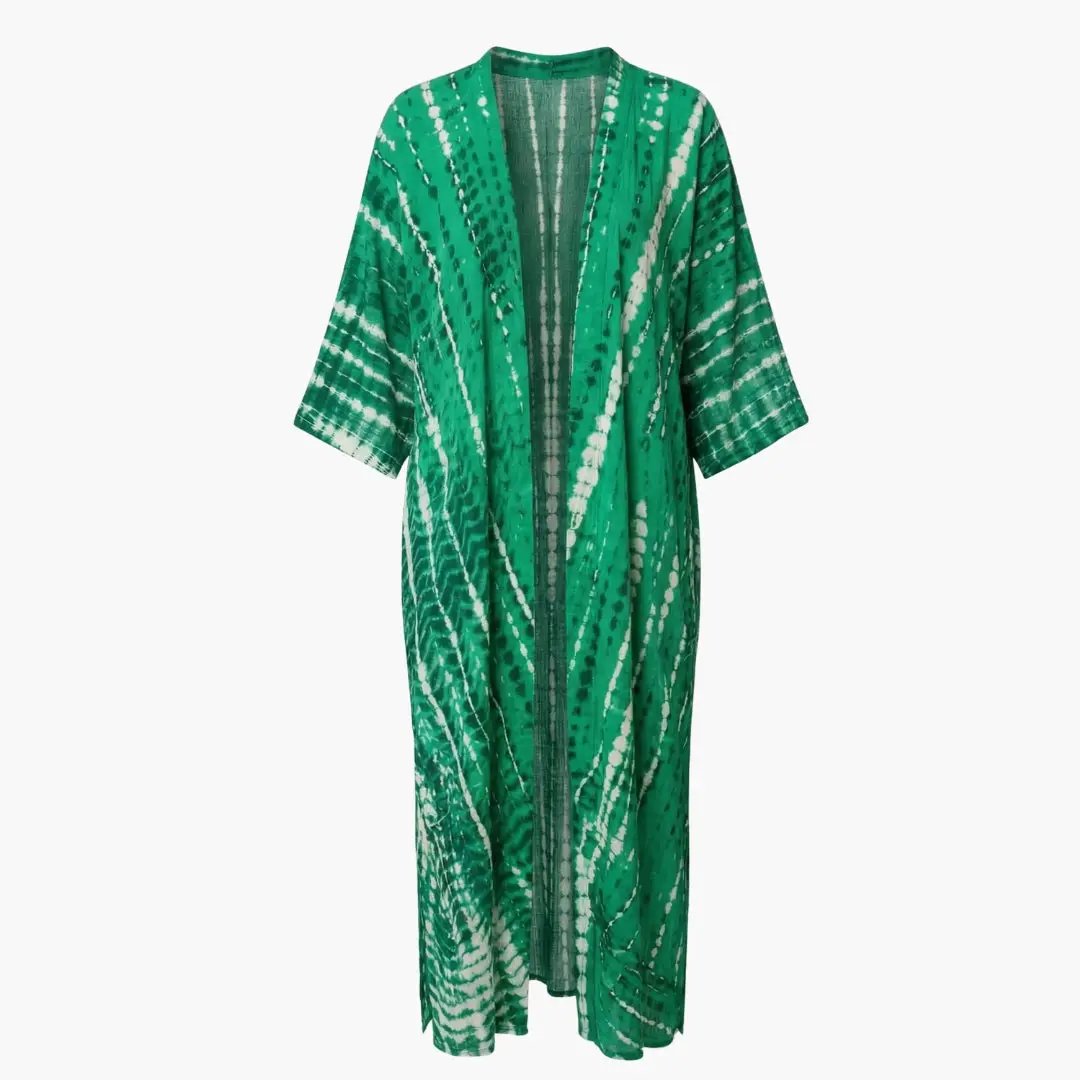 Women’s Beach Cover Up with V Neck and Sleeves, green tie-dye, long kimono-style, Wilfred Smith
